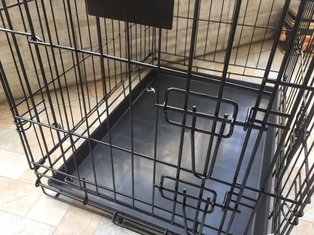 Double Door Pet Dog Kennel Crate Cage With Black Metal Foldable Heavy