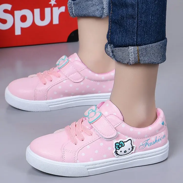 
white pink hello-kitty cat kids sweet cute school sport leather footwear student girl casual children sneaker shoes 