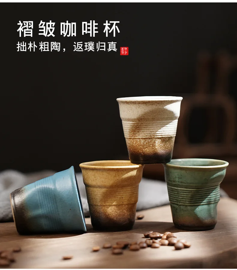 90ml Espresso Porcelain Cups - Creative Retro Terracotta Ceramic Hand-Pinched Ruffled Cups, Vintage Ceramic Latte & Tea Cups