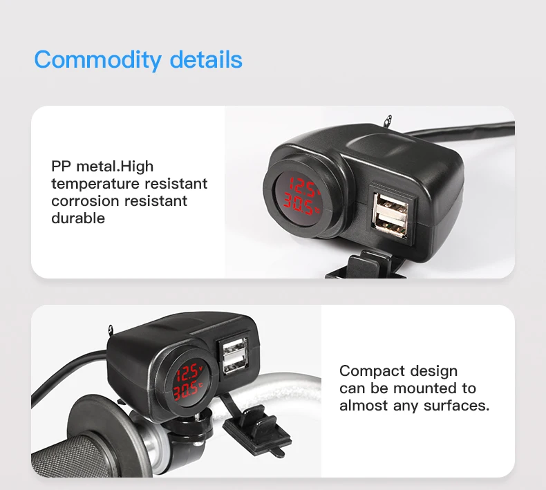 Dual Usb Port Waterproof Motorbike Motorcycle Handlebar Charger With Thermometer And Voltmeter