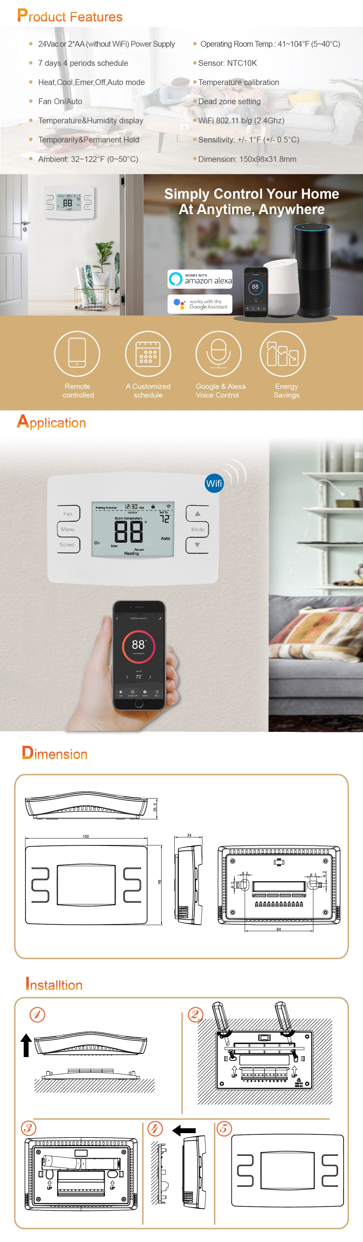 1 Heat 1 Cool 24v Heat Pump Programmable Thermostat for Homekit WIFI control