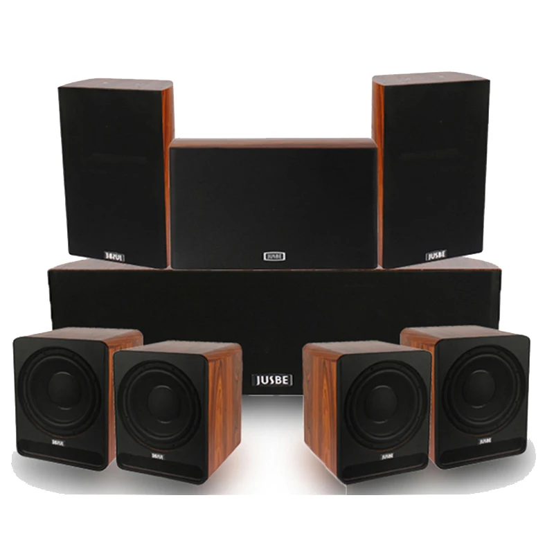 7.1 configuration, 2 front left and right speakers, 2 rear left and right speakers, one speaker on the left, one speaker on the right, one speaker in the middle, and a subwoofer