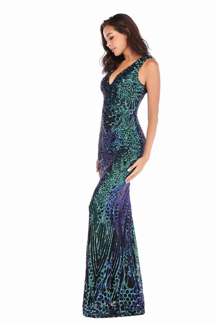 2019 Female Apparel Sequins V-Neck Sleeveless Mermaid Dress Evening Gown