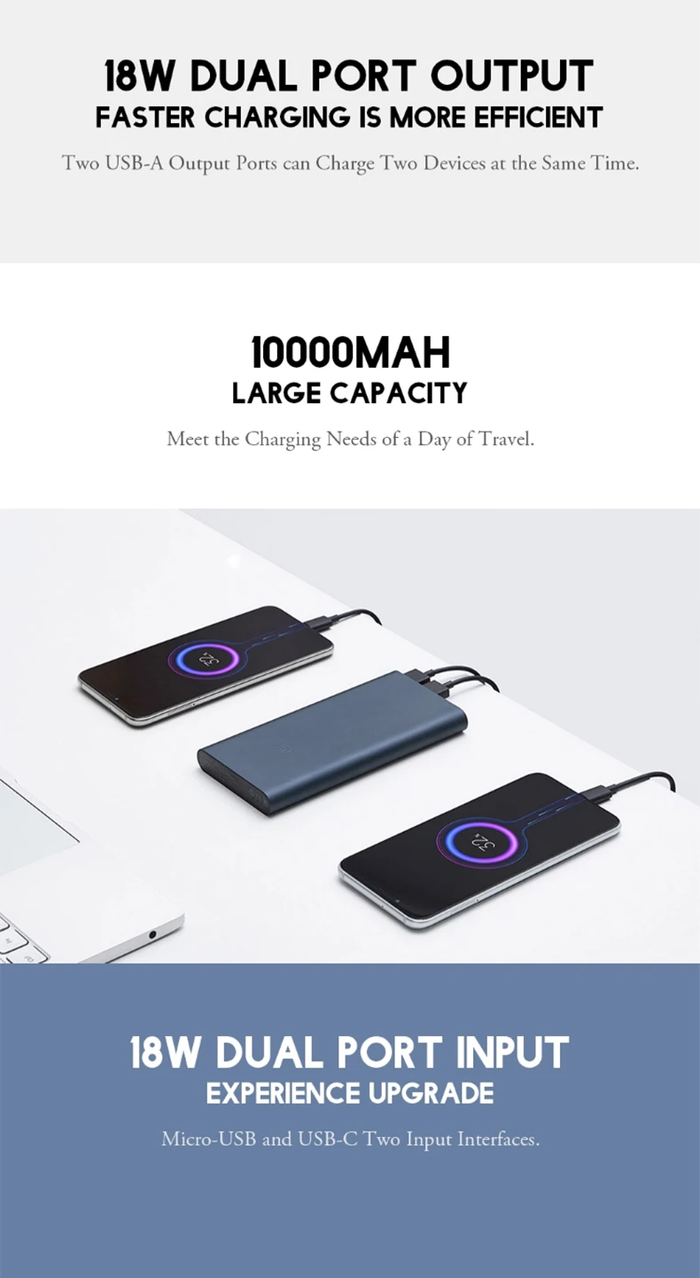 Xiaomi Mi 10000mAh Power Bank 3 External Battery Bank 18W Quick Charge Powerbank 10000 with USB Type C - ANKUX.COM