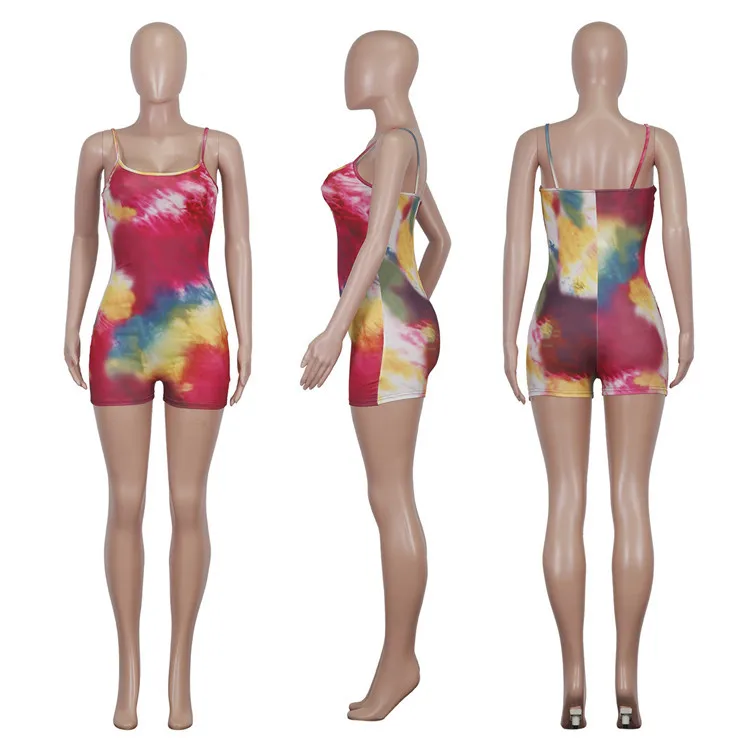 Fashion Ladies Suspender Rompers Boutique Tie Dye Shorts Sexy Summer Beach One Piece Bodycon Women Jumpsuit