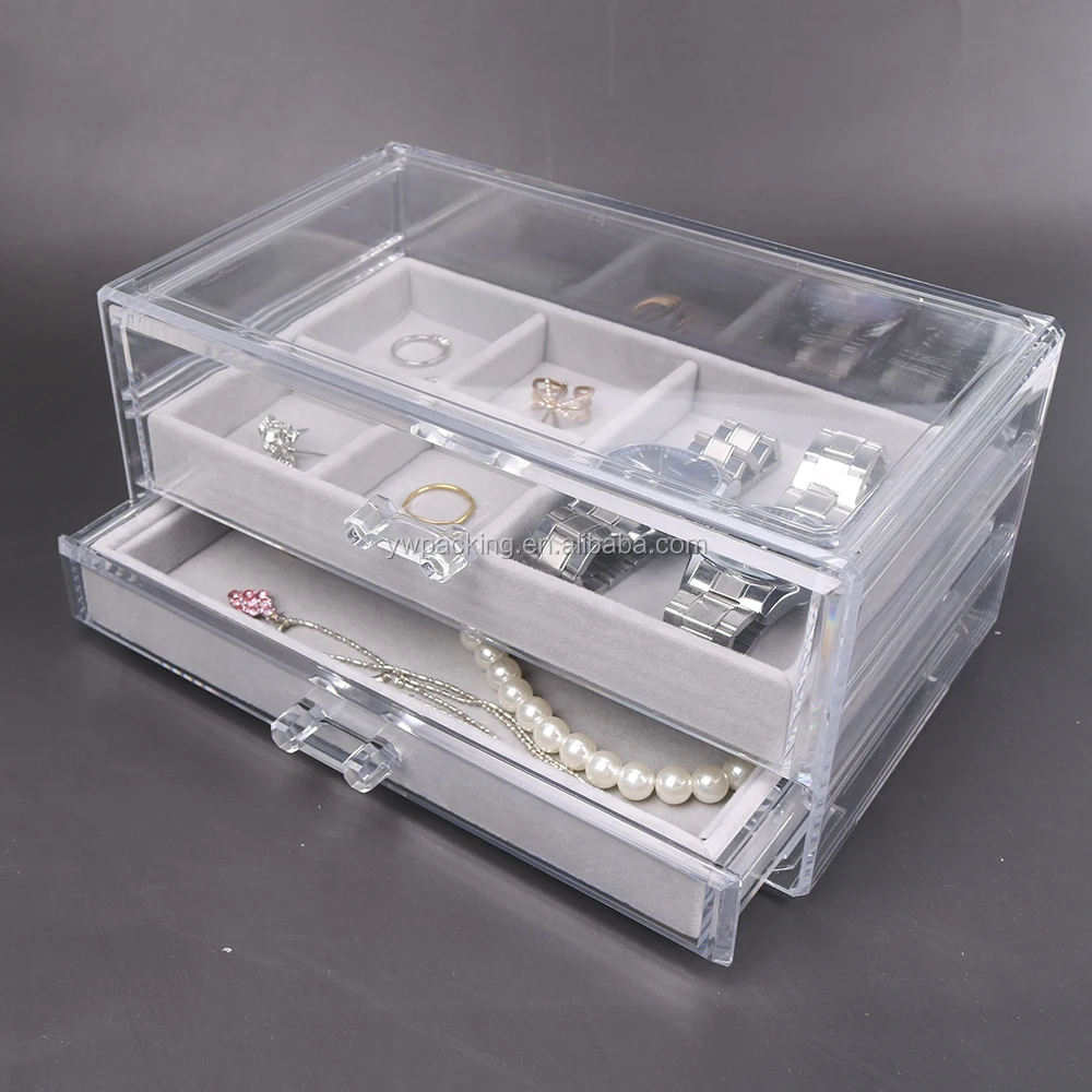 3 Drawers Clear Acrylic Display Velvet Tray Necklace Ring Jewelry