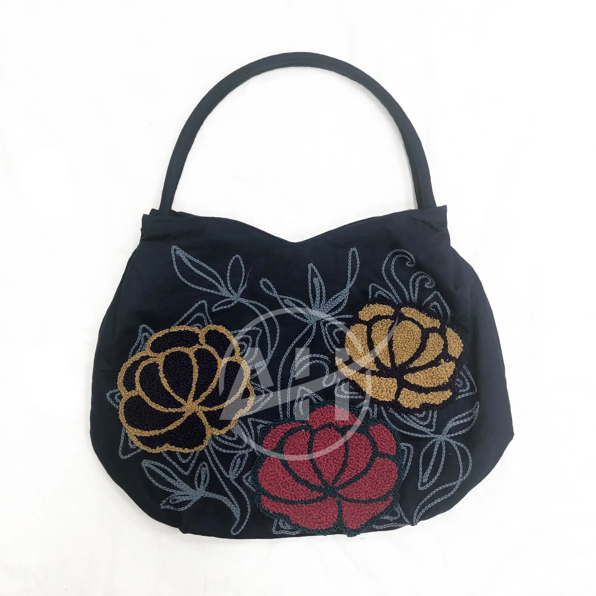 Navy Suede Embroidered Shoulder Bag With Lotus Chenille Design.jpg