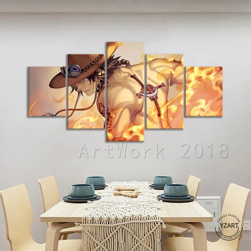 (Drop Shopping)5pcs HD Picture Ace One Piece Anime Poster Artwork Canvas Painting for Bedroom Wall Decor