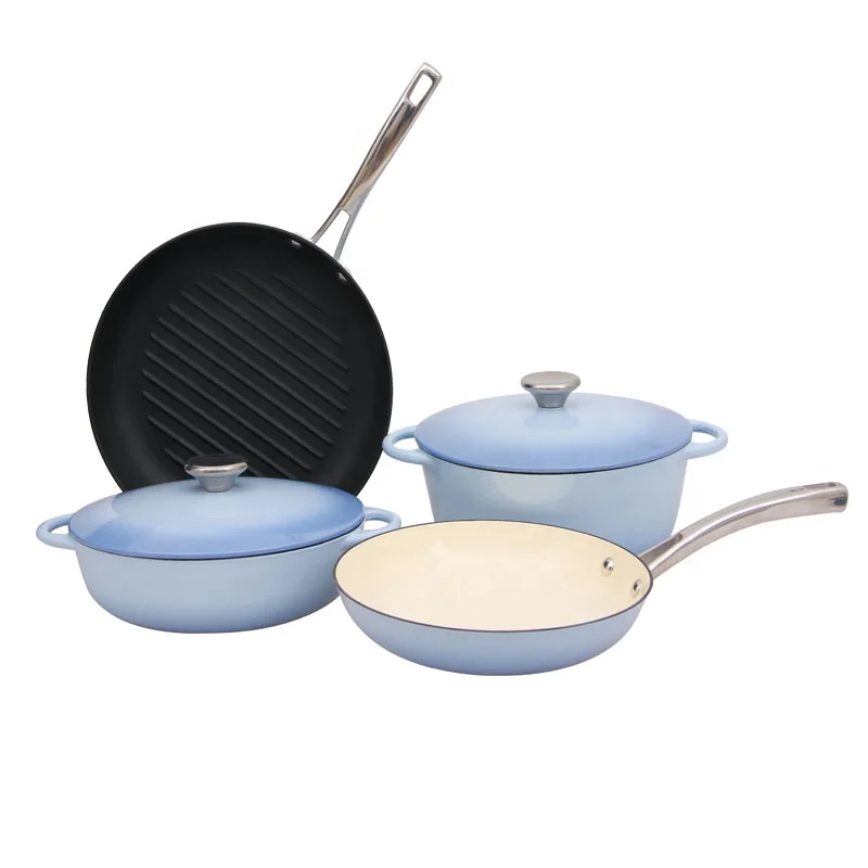 Light Blue Enamel Cast Iron Cooking Pot And Pan Sets Cooking Ware Set