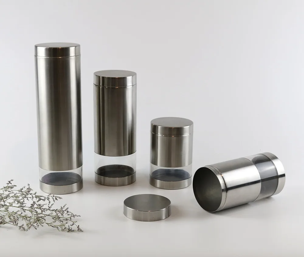 Stainless Steel Metal Glass Food Snacks Canister Sets Kitchen Storage 