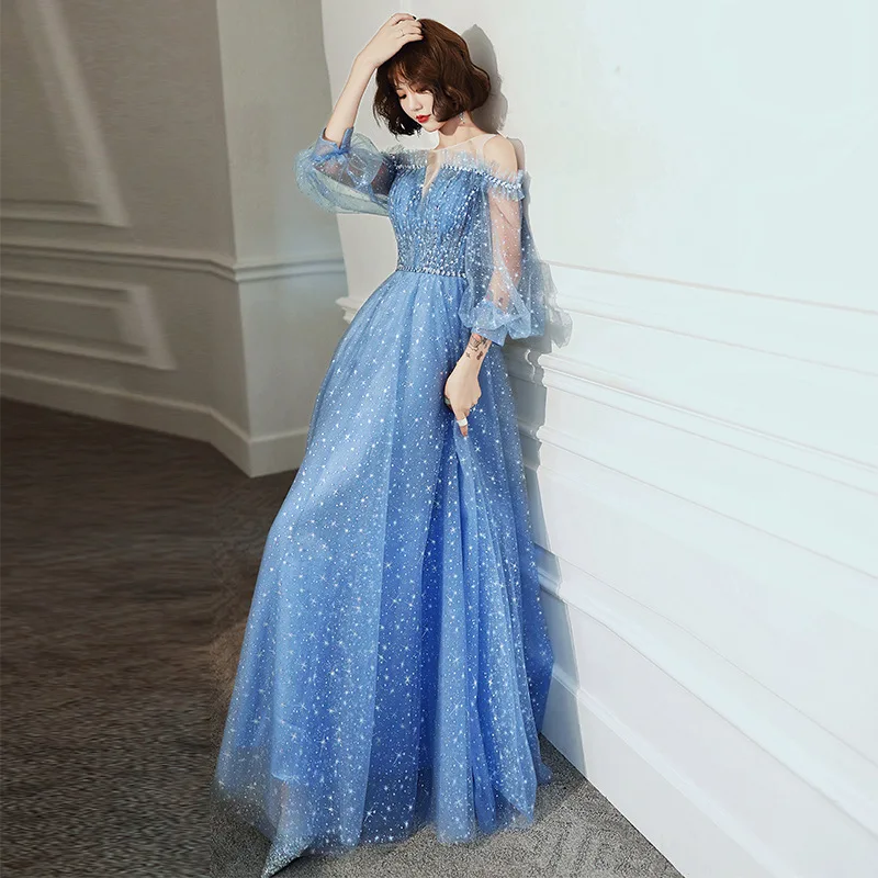 2020 Real Sample Pictures Blue Float Shining Pleating V-Neck Dresses Ladies Party Evening Dress 2020 Real Sample Pictures Blue Float Shining Pleating V-Neck Dresses Ladies Party Evening Dress