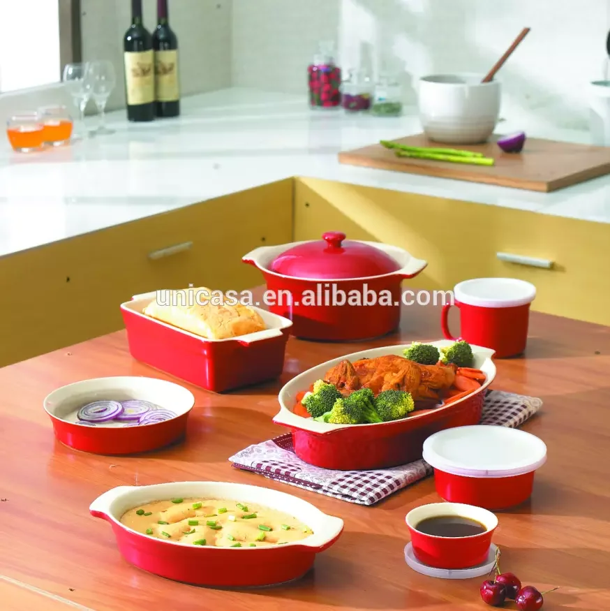 Wholesale Kitchen Tableware Ceramic Bakeware Set Red Stoneware Baking