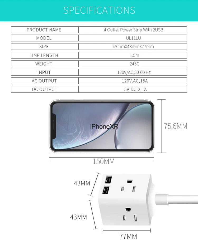 Extension multi 4 socket and 2 usb port usa cube square outlet usb 3-pin power strip adapter socket with cord