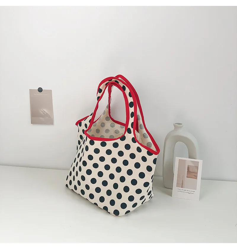 2024 Japanese Style Canvas Shopping Bag Fashionable Dot Casual Shoulder Handbag Outdoor Canvas Shopping Bag
