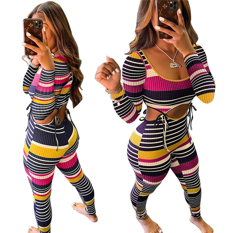 Fashion 2 PCS Outfits Tracksuit Rib Colorful Striped Cutout  Long Sleeve Fall Women Clothing Two Piece Set