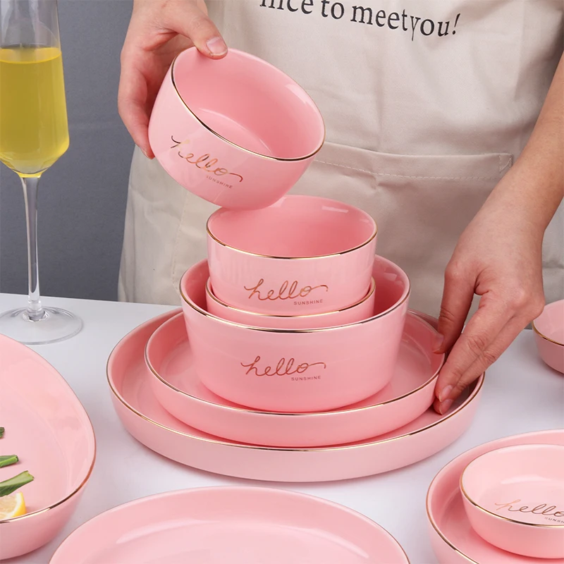 36pcs Dinner Set Porcelain Pink Marble Dinner Set With Gold Rim Pink Dinner Plate And Bowl Set