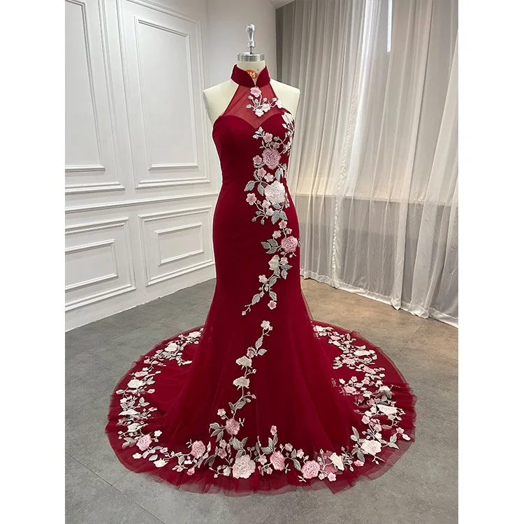 Wholesale Halter Cheongsam Chinese Wedding Dress Red Traditional Bridal  Evening Dresses for Women Wedding Party New 2022