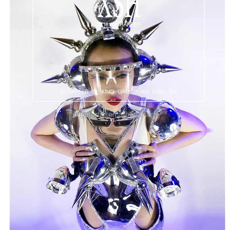 Nightclub Gogo Dancer Costumes Futuristic Silver Armor Pole Dance