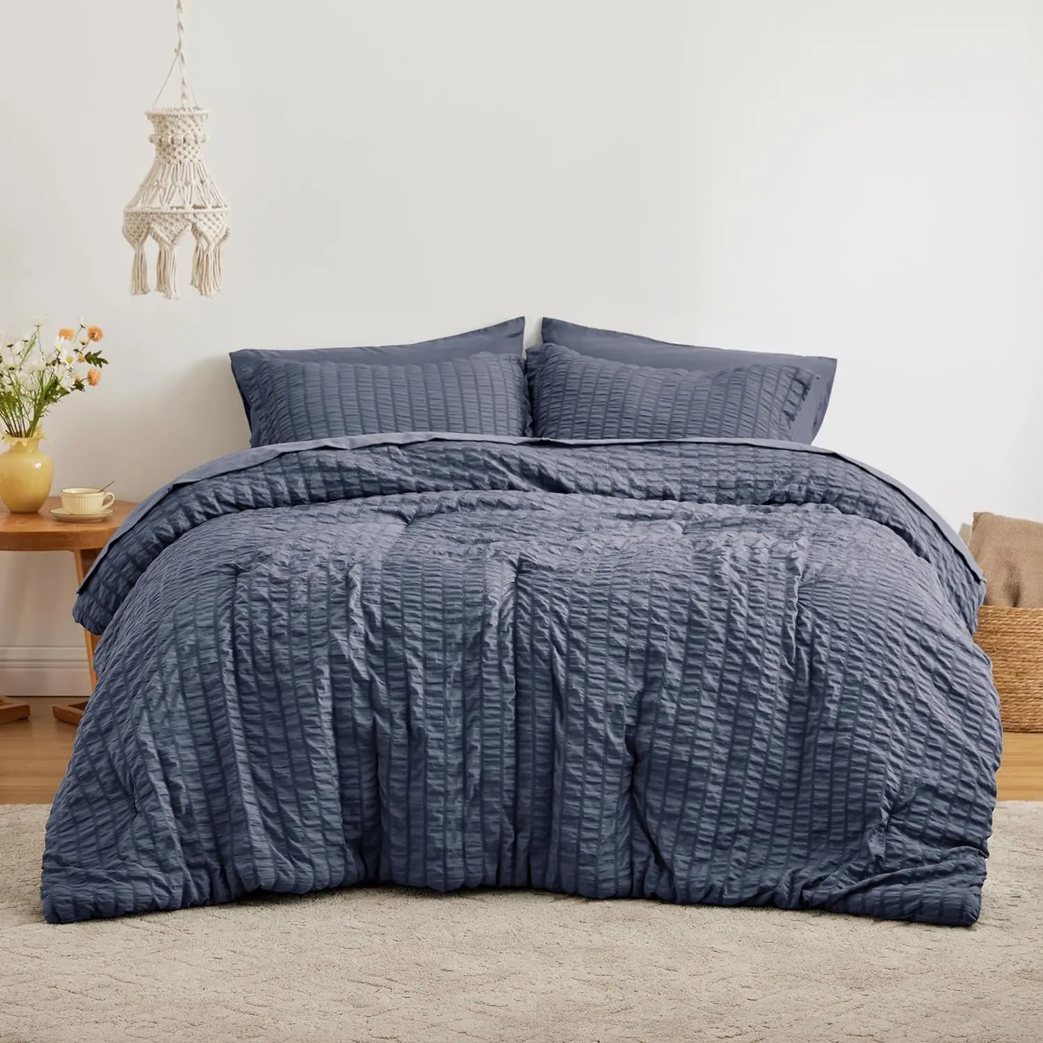 Seersucker Navy Blue Comforter Set 7 Pieces Bedding Set with Comforter, Flat Sheet, Fitted Sheet, Pillowcase and Pillow Sham supplier