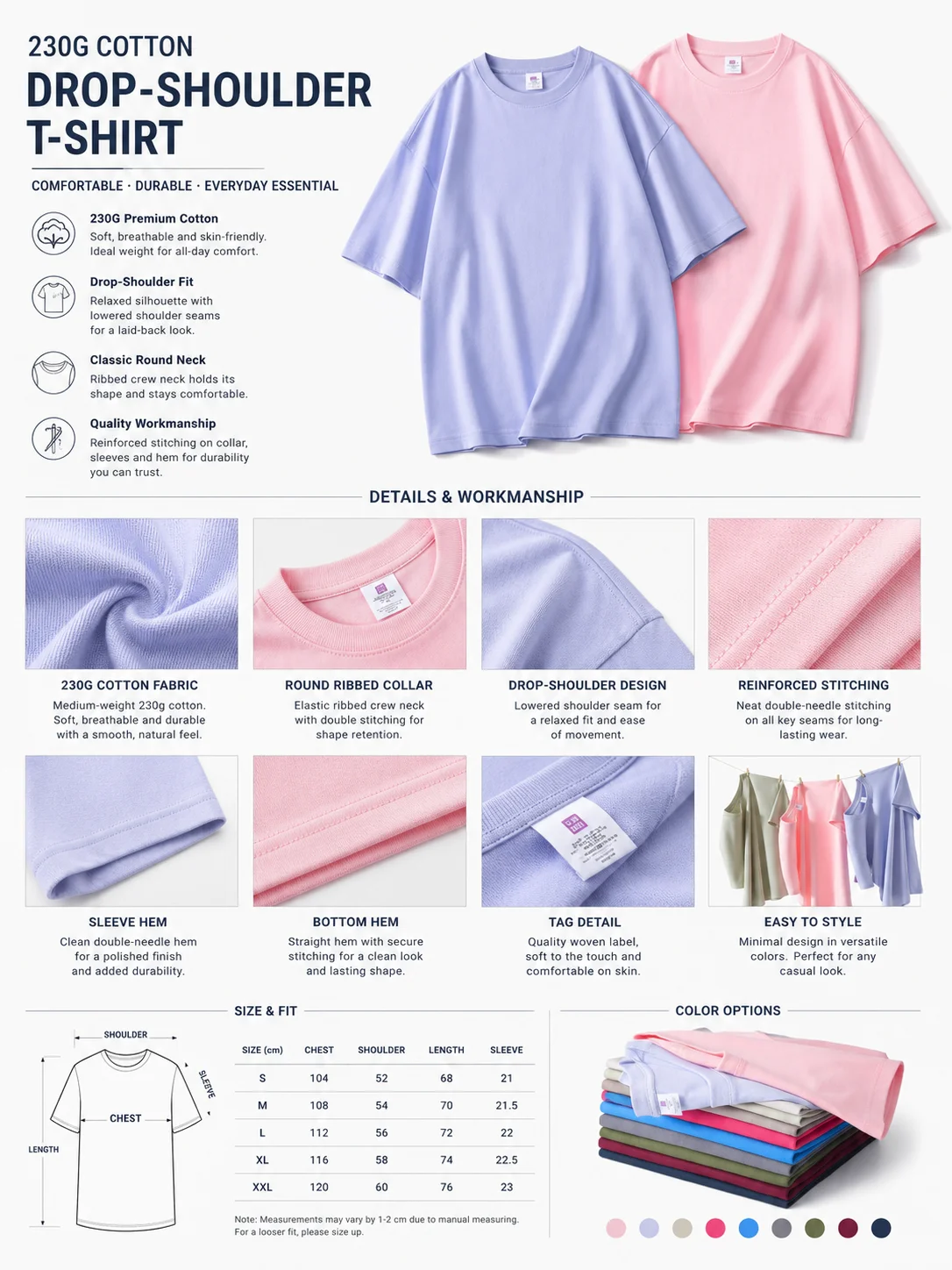 230GSM Cotton Drop Shoulder T-Shirt Oversized Relaxed Fit Crew Neck Casual Unisex Blank OEM