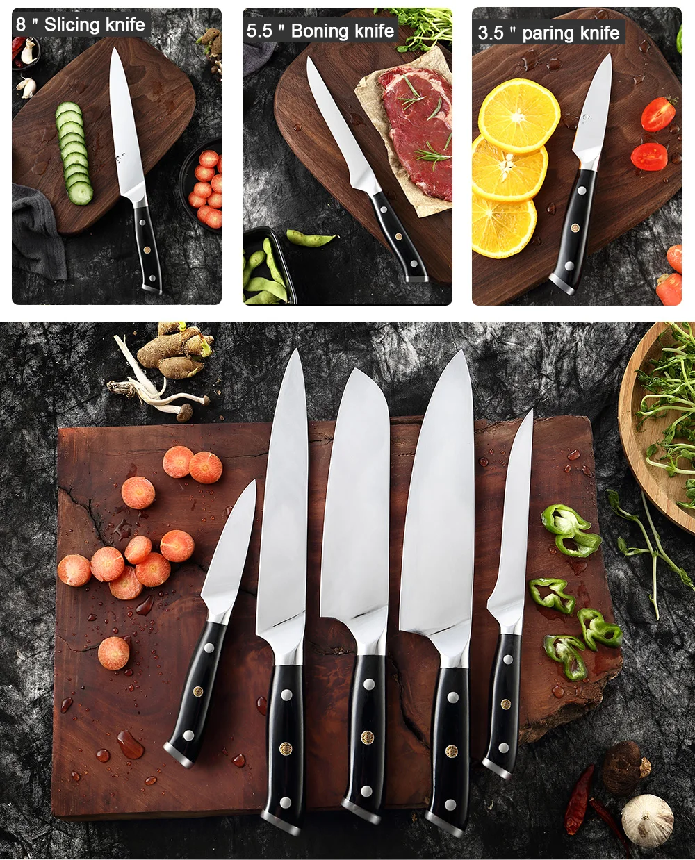 XITUO Stainless Steel Chef Knife High Quality 5 Pcs Kitchen Knife Set  Top Sale Professional Tool Ebony Handle Slicing Knives