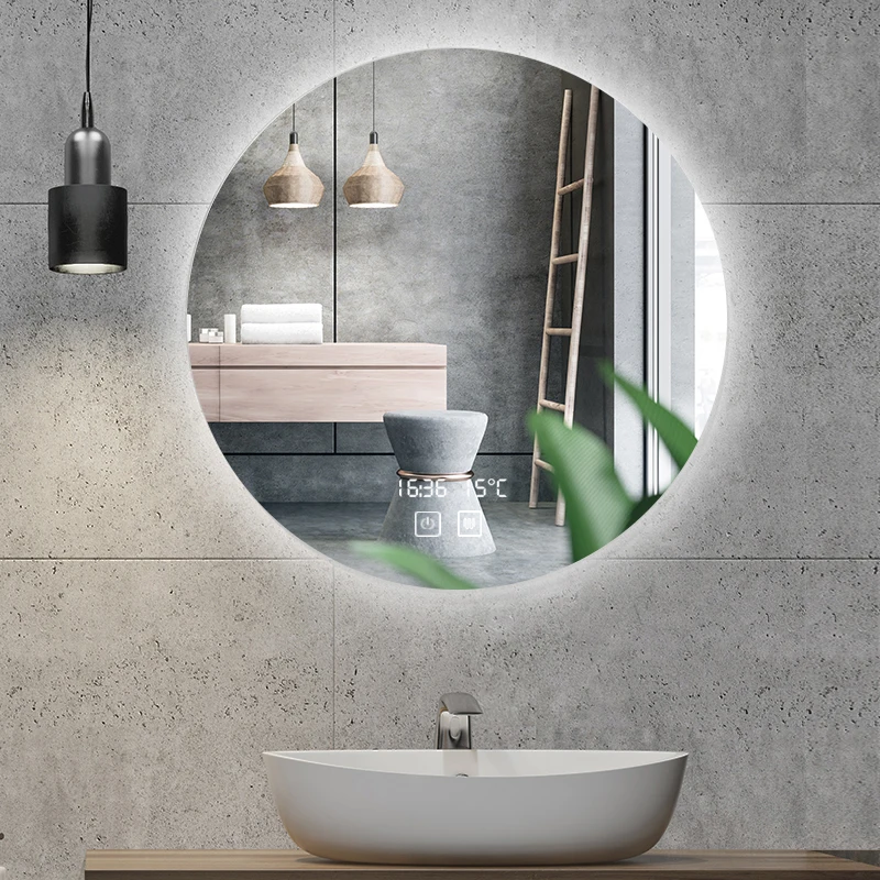 Round smart compact black glass mirrors wall mounted bath makeup metal frame bath mirrors with light