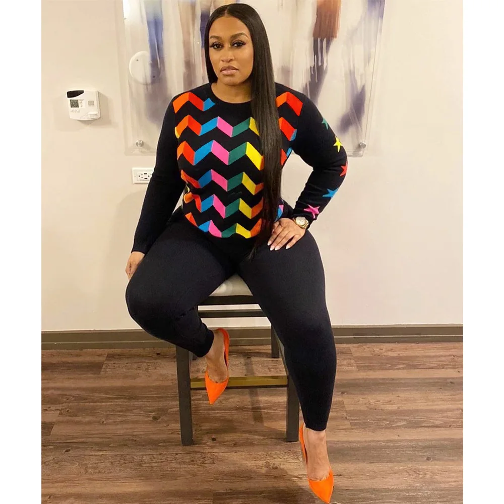Womens Super Sport Long Sleeve Tracksuit Dot Star Printed Bodycon Crop Tops Skinny Jogger 2 Pieces Pencil Pants Set