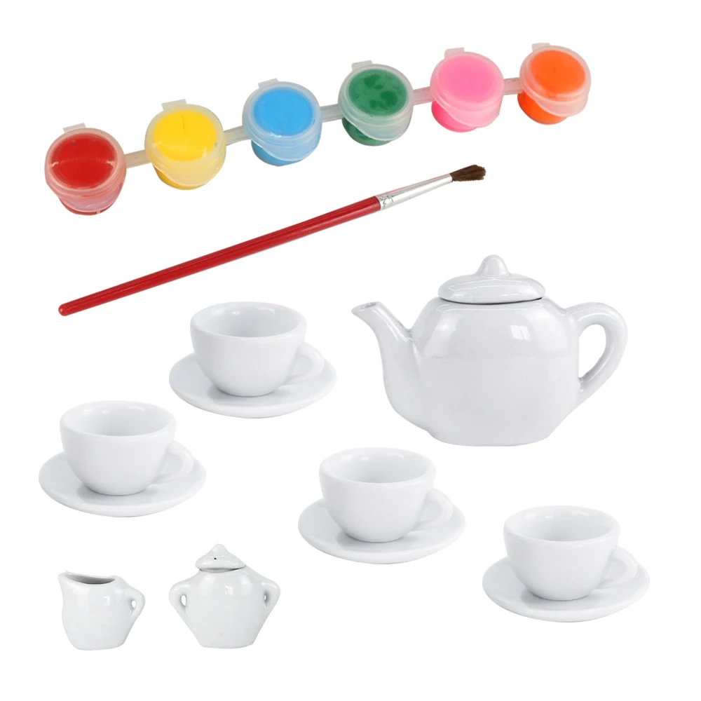 Diy Educational Colorful Art And Craft Painting Ceramic Tea Set Toy For