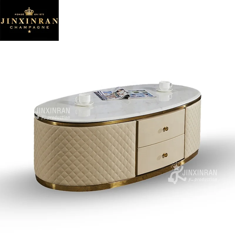 living room furniture stainless steel frame marble top beige centre table luxury modern white leather cover oval coffee table