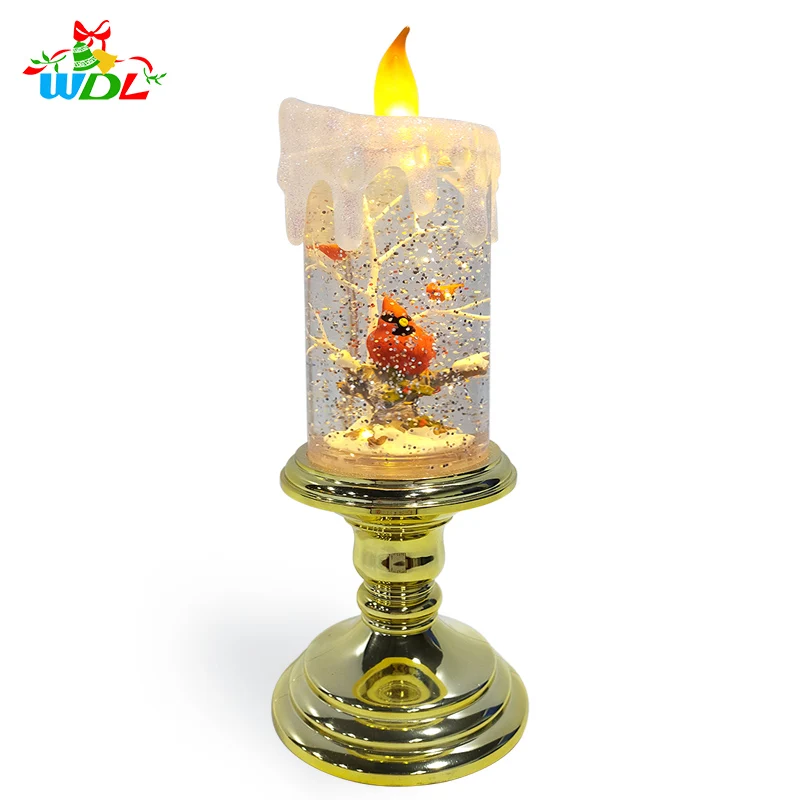 Custom Snow Globe Manufacturers Christmas 2020 New Design Red Birds on Tree Gold Lantern Led Flameless Candle For Home Decor