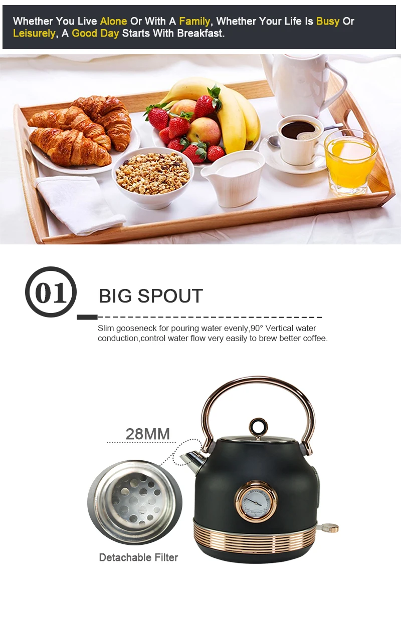 2020 New design retro rose gold and black color big capacity 1.7L electric water kettle home appliances with thermometer kettle