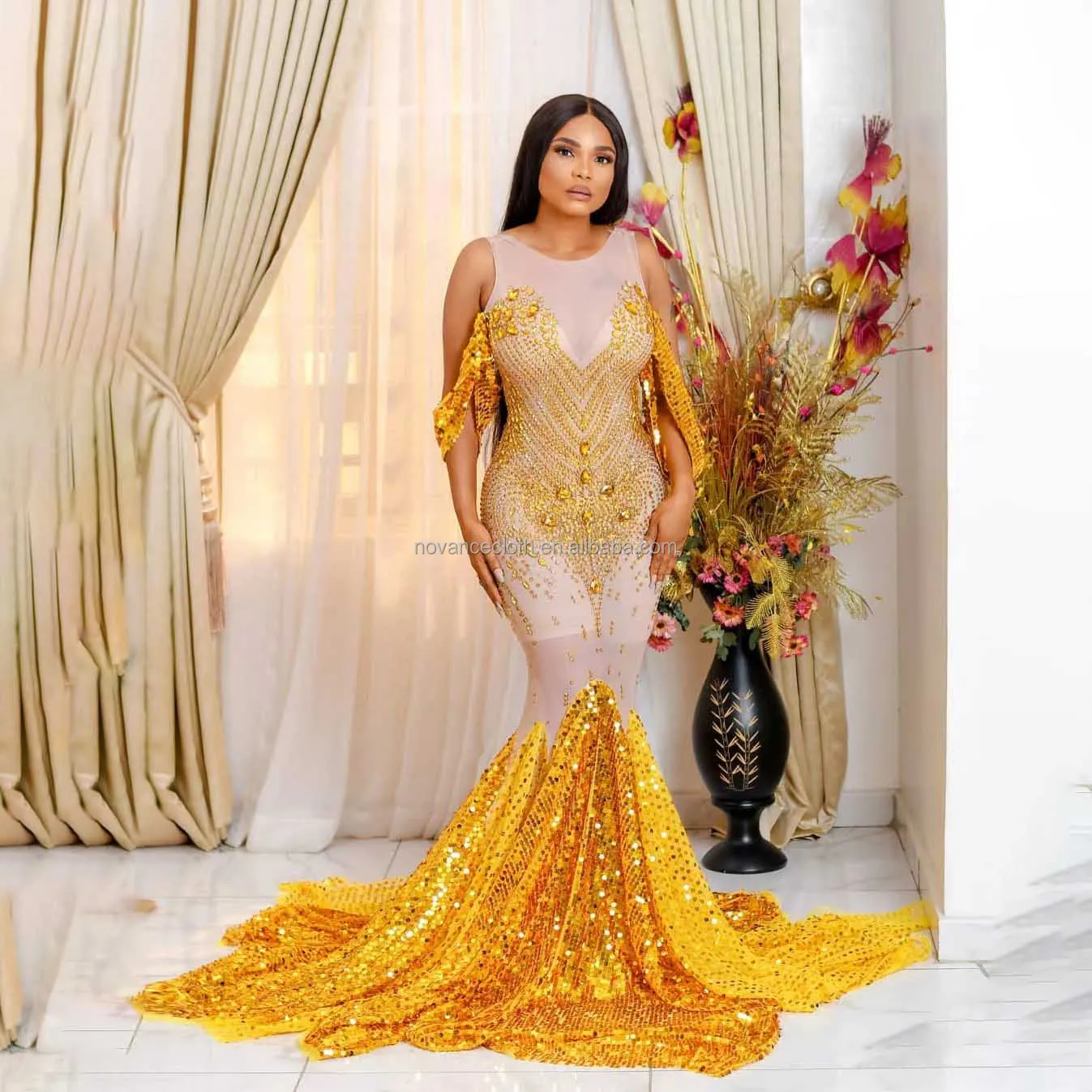Novance Y1674 Vestidos Para Mujeres Off Shoulder Fishtail Dazzling Sequins Gold Evening Gowns Dress Wedding Dresses for Party Novance Y1674 Vestidos Para Mujeres Off Shoulder Fishtail Dazzling Sequins Gold Evening Gowns Dress Wedding Dresses for Party