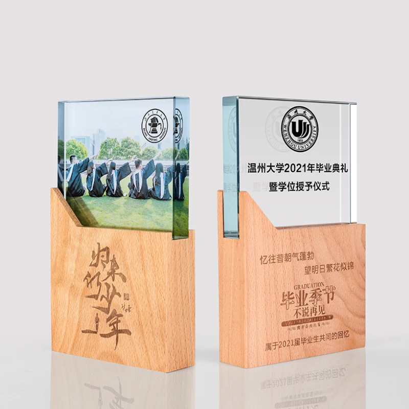 Custom Honor Wooden Trophy UV Carving 5th 10th 20th Company Anniversary celebration Souvenir Gifts Employees Glass Plaques factory