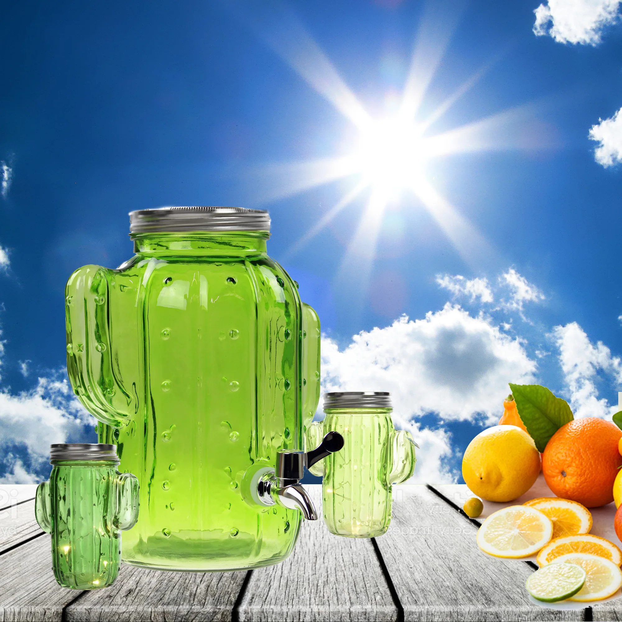 green glass cactus dispenser jar drink cocktail with tap juice