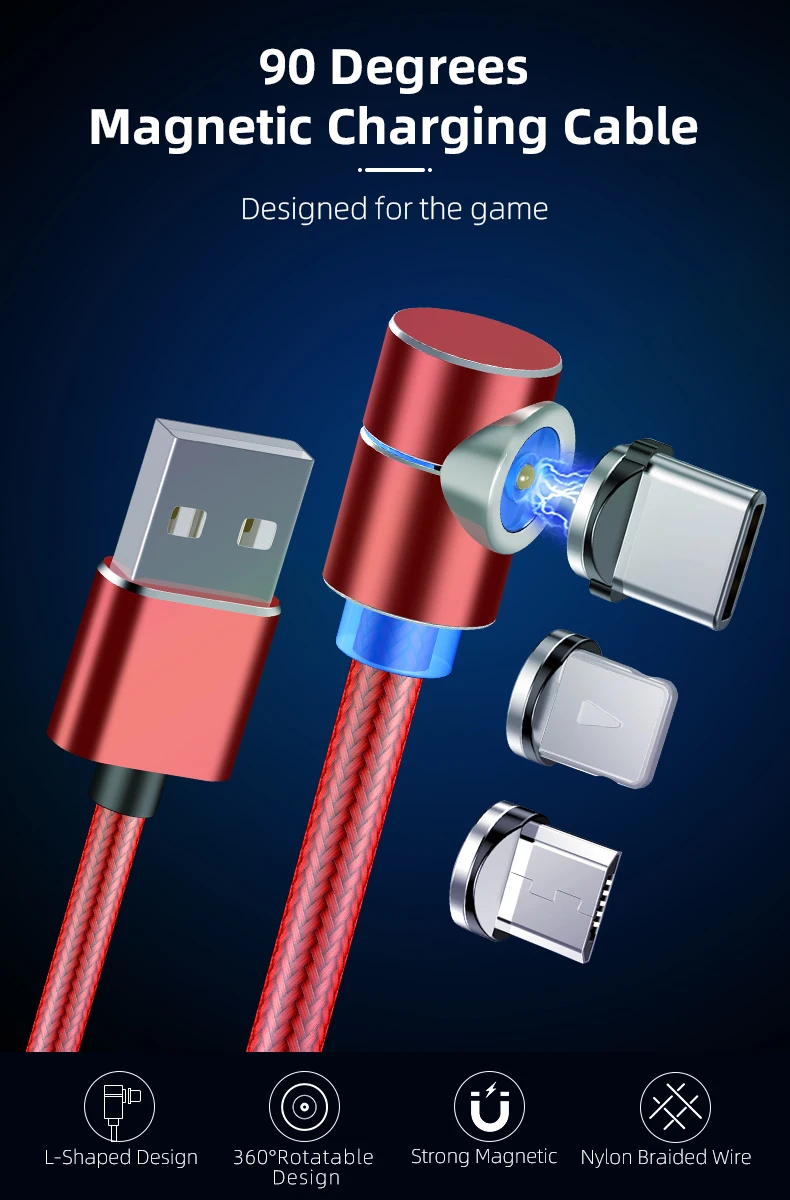Classic L-shape 360 degree rotation round magnetic cable 1M 2M 3 in 1 connectors with led indicator Type C Micro Iproduct - ANKUX.COM