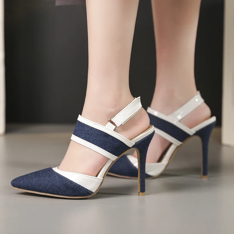 Party Sexy Patchwork High Heels Ladies Sandals Stiletto Thin Heel Pointed Toe Denim Black Blue Shoes