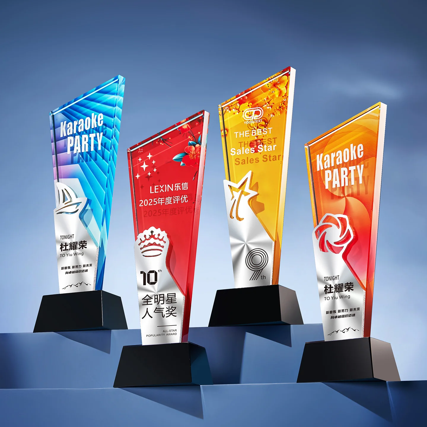 product durable sandblasted glass crystal trophy with uv printed graphics corporate gifts award on wooden base wdy 0417-5