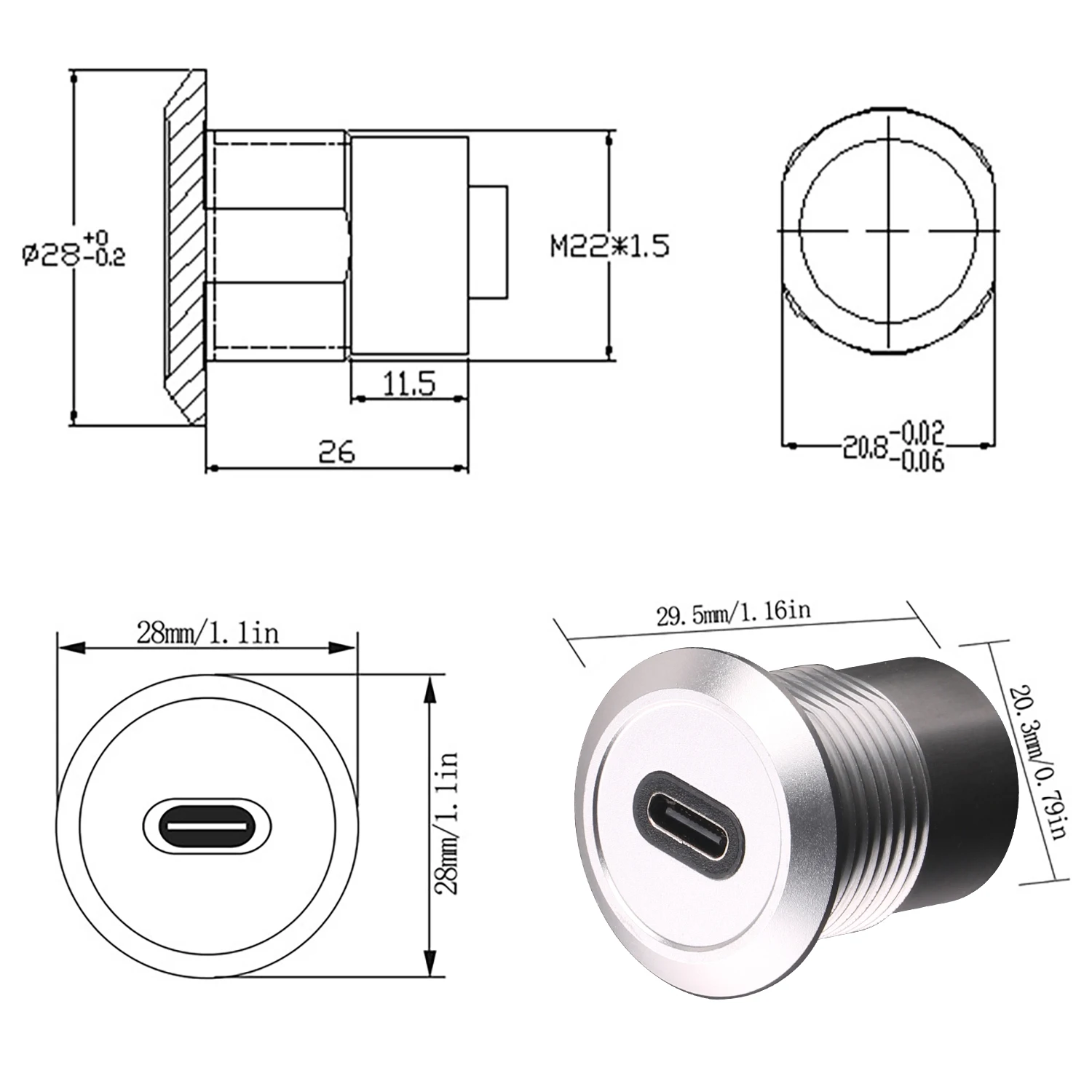 Usb Usbc Type C Female To Female F-f Panel Mount Extention Round Metal ...