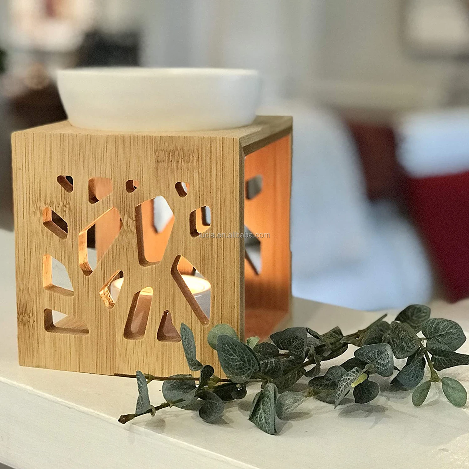 Bamboo Wooden Scented Oil Burner Soy Wax Melts Warmer Aroma Ceramic