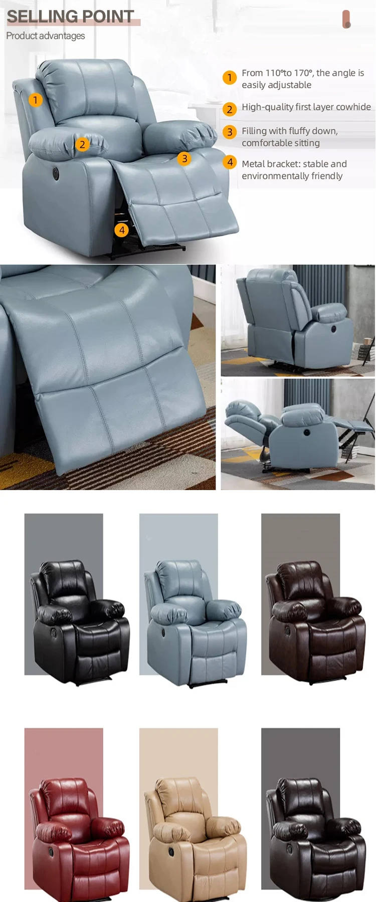 YASITE Hot selling Modern Recliner Leather Single Sofa for Living Room