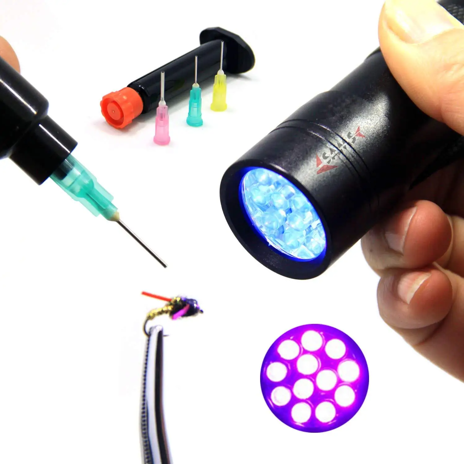 Samsfx Fishing Tying Kits Uv Bright Black Light Flashlight And Clear Glue Cure Syringe Coating