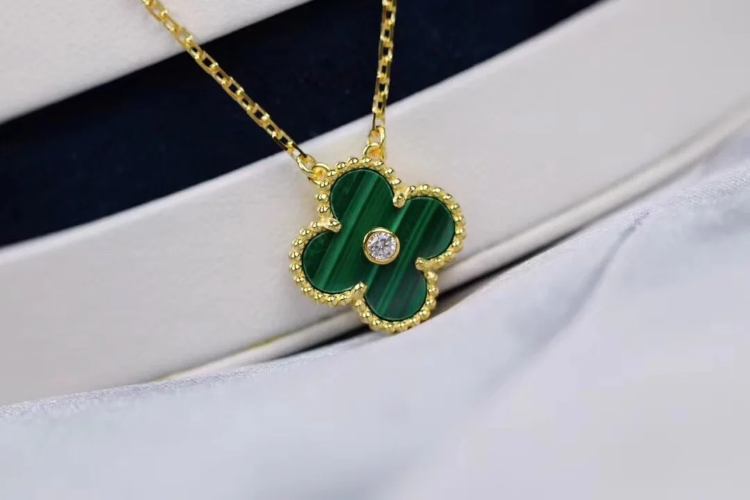 product-Fashion Girls Peacock Green Clover Gold Necklace 24K, S925 Sterling Silver Christmas Clover 