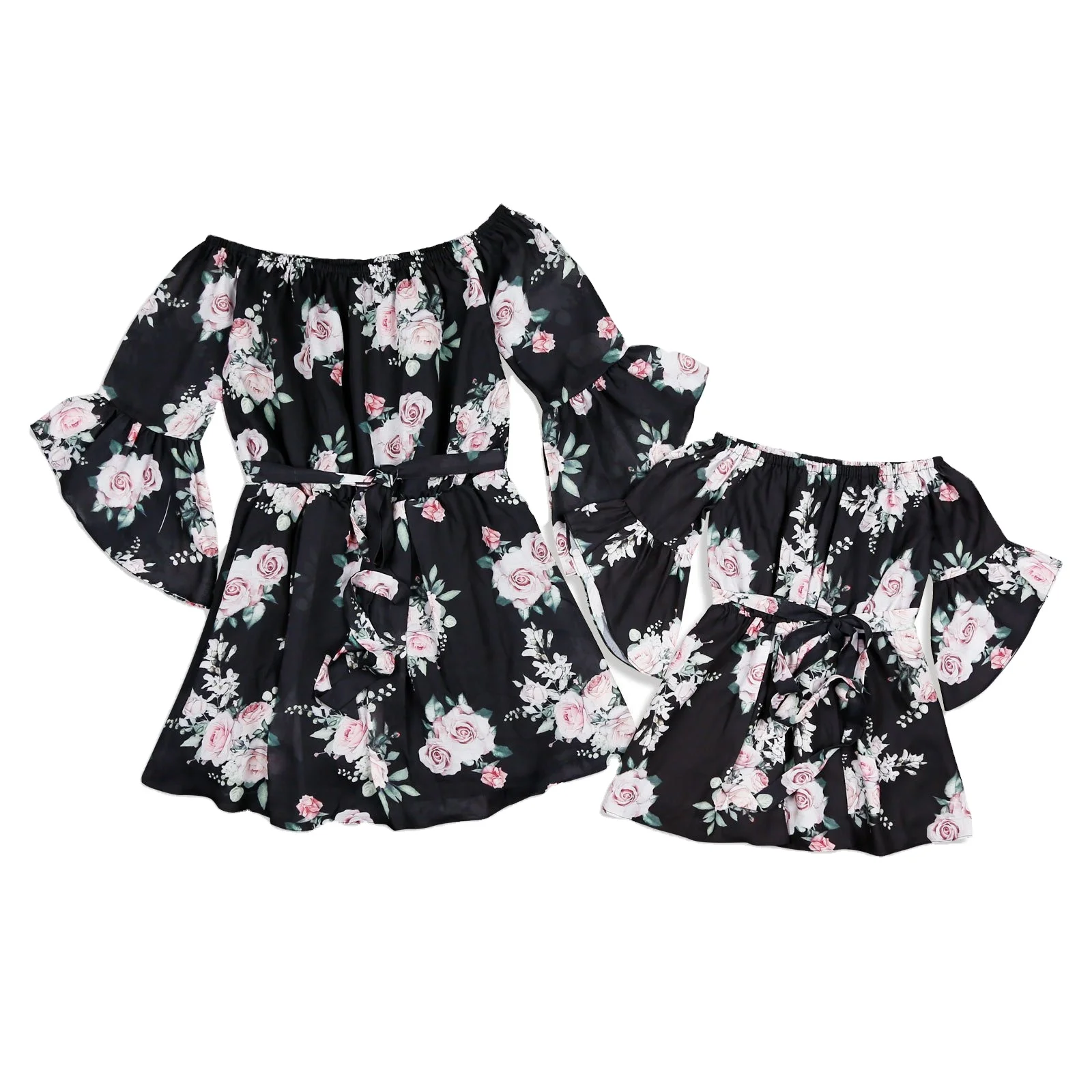 
2020 new European and American explosion models mother and daughter parent-child dress word shoulder print ruffle dress 