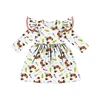cock and flowers printed dress kids girl Three-quarter sleeves new born baby girl dress floating shoulder girl boutique dress