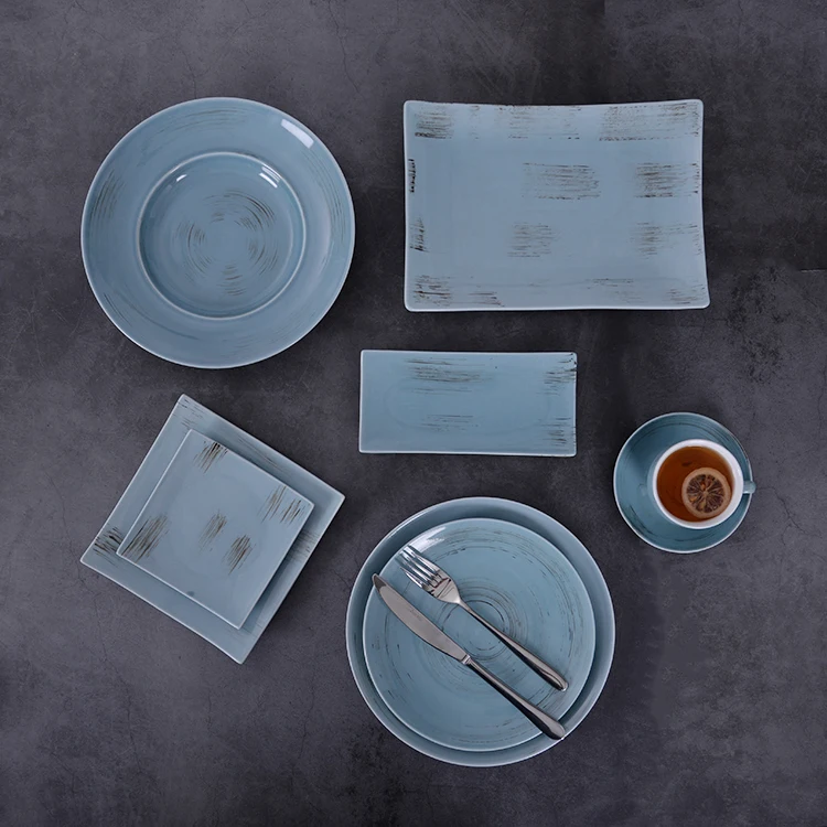 Blue Onglazed Hotel Plates Dishes Dinner Serving Plates Dinnerware