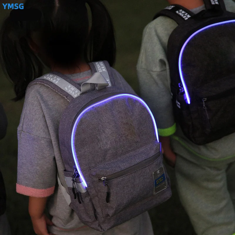 Customized design students safety kids school bag with led light strip flashing in the night or bad weather