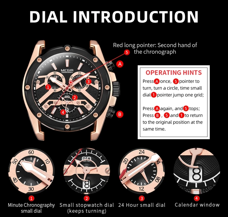 MEGIR 2120 Men's Quartz Movement Dress Watch Custom Logo OEM Leather Strap Analog Display Chronograph Watch