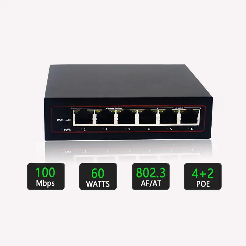 Switch 10/100Mbps 4Port PoE com 2 Uplink de fábrica