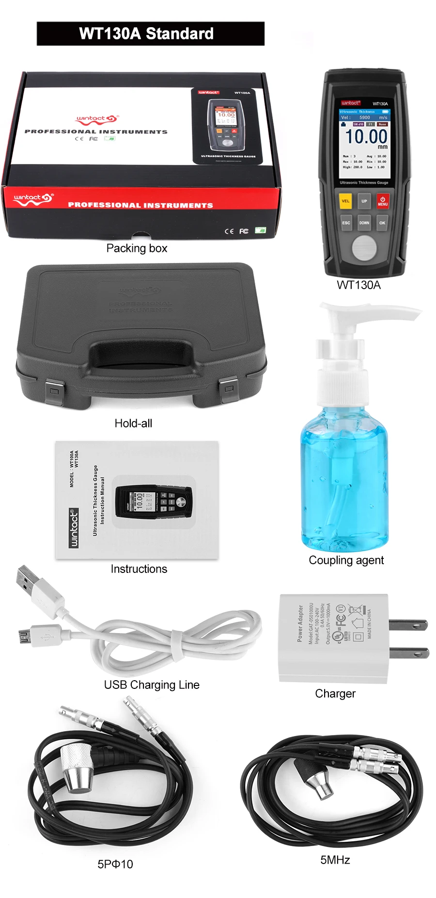 WINTACT Digital Ultrasonic Thickness Gauge Meter Tester USB Charging Digital Thickness Metal Tester High Precision WT100A