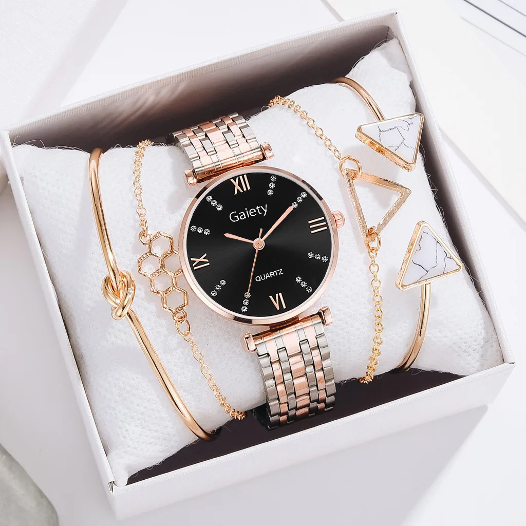 6pcs Set With Box Watch Woman Wrist Luxury Box Crystal Diamond Rose